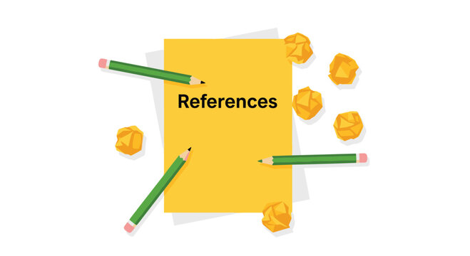 A yellow sheet of paper with the word references is surrounded by three green pencils and orange crumpled paper balls on a white background.
