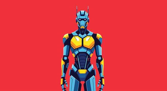 Futuristic robot in advanced powered exosuit armor standing ready