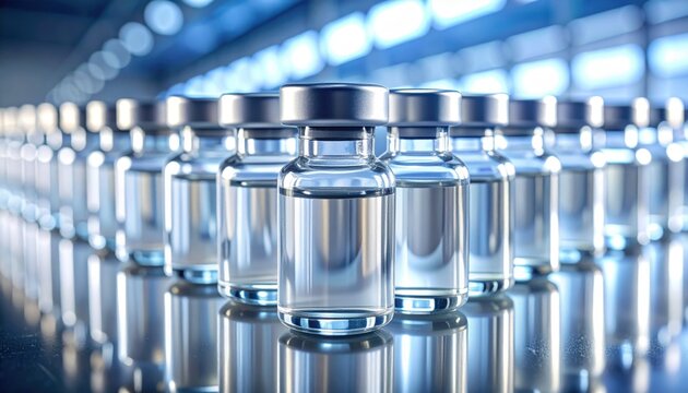 FlyPro Firefly collection of sealed, clear vials containing purified vaccine formulations, expertly captured in a professional camera shot with soft pharmaceutical lighting.