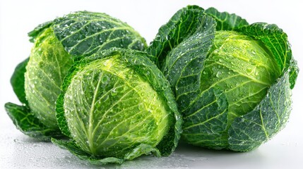 Fototapeta premium Freshly Harvested Green Cabbage with Water Droplets on Leaves Highlighting Freshness and Healthy Eating for Culinary Uses and Food Photography