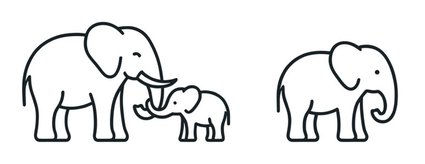 Three simple black line art elephants are illustrated, showing an adult and baby interacting tenderly, alongside another adult standing alone, conveying themes of family and individuality