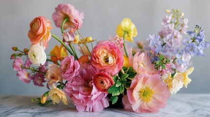 Vibrant Floral Arrangement with Colorful Ranunculus, Delphinium, and Anemone Blooms Perfect for Celebrations and Event Decor