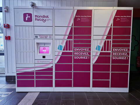Mondial Relay Parcel locker system offers easy access in city location. Quimper, Brittany, France, 17 february 2025.