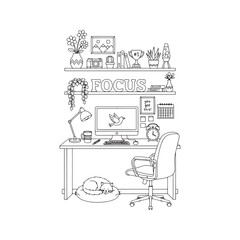 Fototapeta premium Home Office Workspace Coloring Page with Desk Computer Sleeping Cat and Motivational Quotes Vector Illustration 