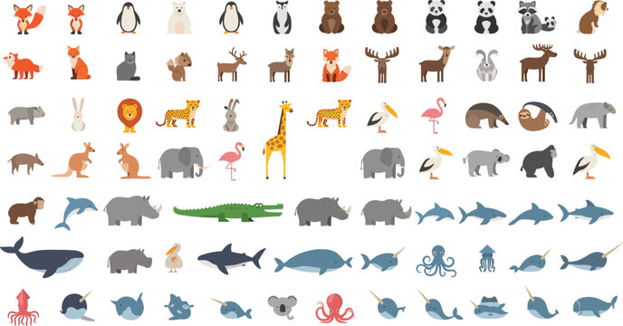 Cute wild farm and sea animals flat vector icon set collection