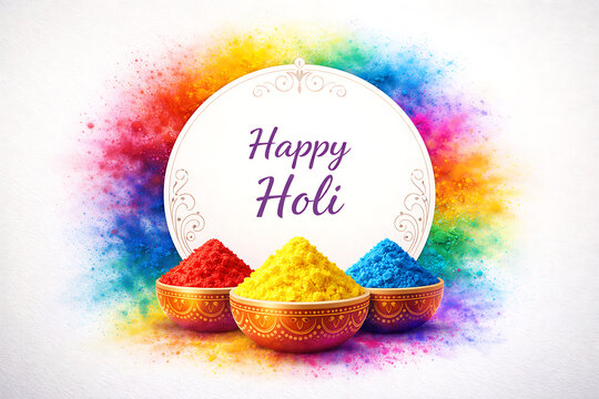 Three decorative bowls filled with red yellow and blue gulal powder invite people to celebrate holi festival after holika dhan during the vibrant rang panchami