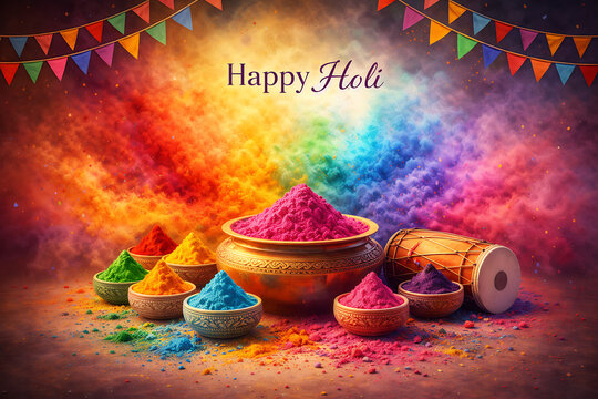 Beautiful arrangement of organic gulal in ceramic bowls and musical drum set background for holi festival to enjoy holika dhan and festive rang panchami day