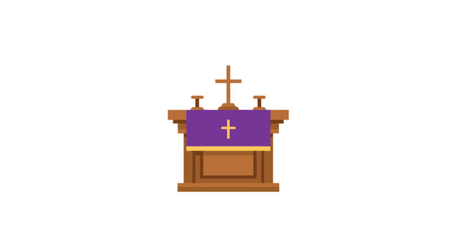 A small wooden lectern featuring a purple frontal cloth with a gold cross sits centered against a plain white background with a larger cross behind.