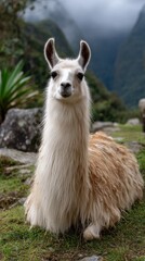 Fototapeta premium Alpacas stand together on grassy hillside in the Andes under a cloudy sky while enjoying the lush environment around them