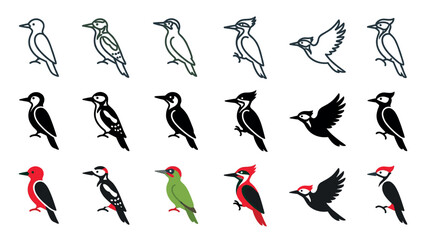 Fototapeta premium Various stylized woodpecker bird illustrations in different poses, showcasing a collection of outline, solid black, and vibrant colored graphic designs with distinct avian features