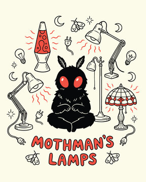 Cute Mothman Surrounded by Whimsical Lamps Illustration