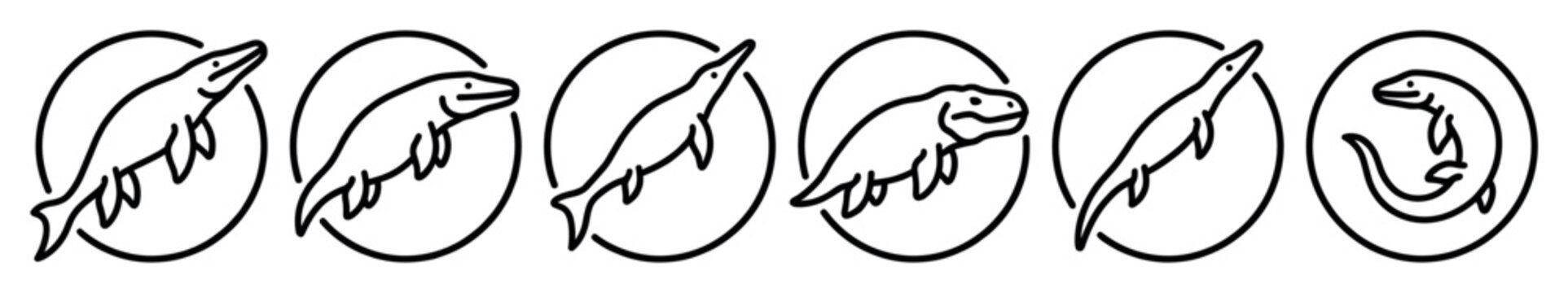 Six simple black outline marine reptile illustrations are arranged horizontally, showcasing various prehistoric aquatic creatures in a minimalist, iconic style with clean lines and a modern aesthetic