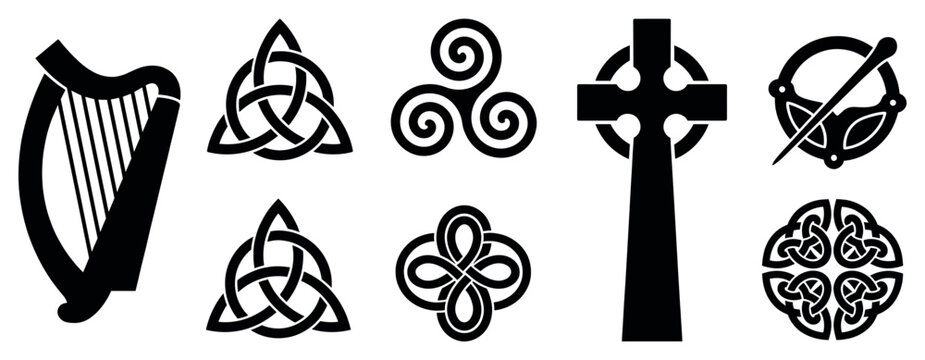 Various black traditional Celtic symbols and patterns are neatly arranged, showcasing ancient cultural and spiritual iconography with intricate knotwork designs