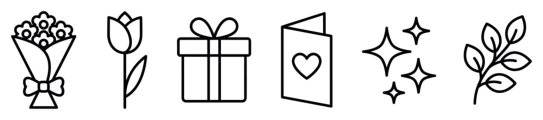 Six black outline minimalist icons featuring a bouquet, tulip, gift box, greeting card with heart, sparkling stars, and a leafy branch, presented in a clean graphic design