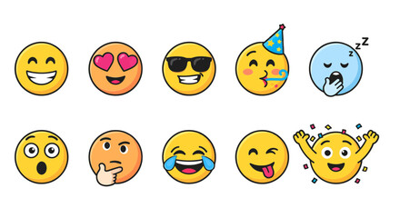 Vibrant vector collection of nine distinct cartoon emoji characters showcasing a wide range of human emotions and expressions in a fun, graphic style