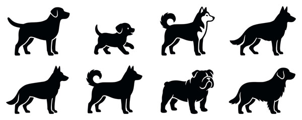Fototapeta premium Eight diverse black silhouette dog icons featuring various breeds and a playful puppy, rendered in a clean, graphic, and minimalist vector style with subtle white outlines