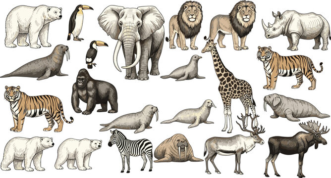 Hand drawn wild animals illustration set with realistic wildlife species collection