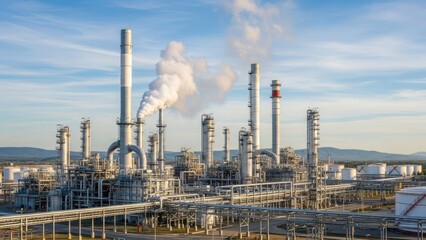 Fototapeta premium Industrial plant with smoke stacks emitting steam under blue sky