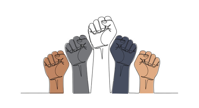 Diverse raised fists symbolizing unity, protest, and equality