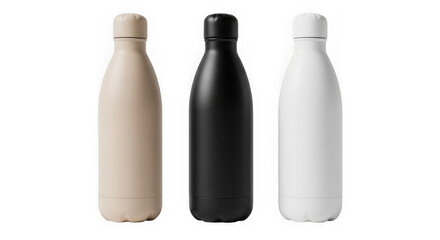 Three colored reusable bottles in beige, black, and white isolated on transparent background