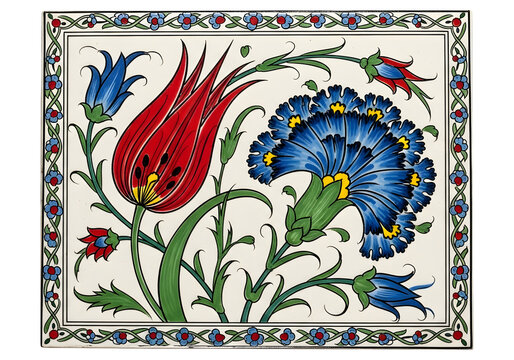 Traditional Iznik Tile with Red Tulip and Blue Carnation