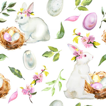 Watercolor Easter seamless pattern with cute bunnies and colorful eggs.