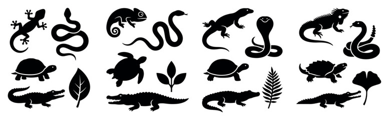 Naklejka premium Diverse collection of black reptile and plant silhouettes are neatly arranged, featuring various species of snakes, lizards, turtles, and crocodiles, rendered in a clean graphic style
