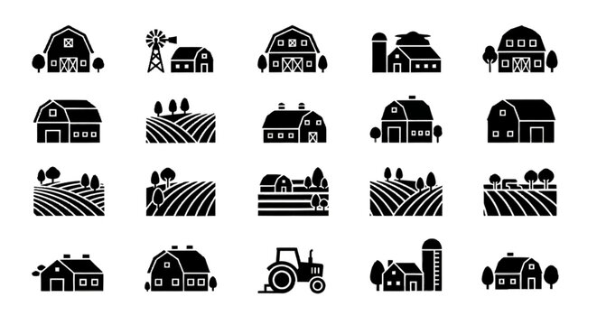 Collection of simple black farm icons on.