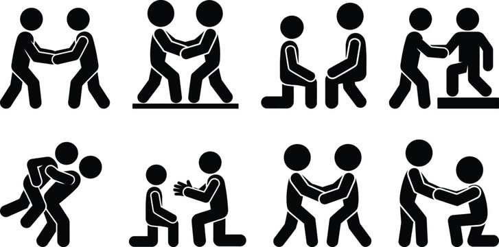 A sequence of stick figures demonstrating various stages of a physical altercation or self-defense technique.