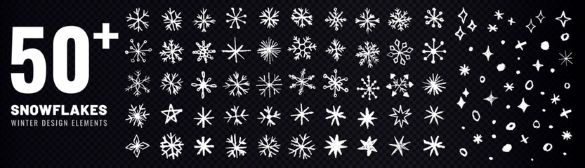 Obraz premium Set of white hand drawn snowflakes isolated on transparent background. Chalk and crayon doodle winter elements with stars and sparkles.