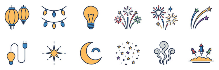 Obraz premium Vibrant collection of festive celebration and light icons, featuring lanterns, string lights, fireworks, stars, and rockets in a cheerful, simple flat design style