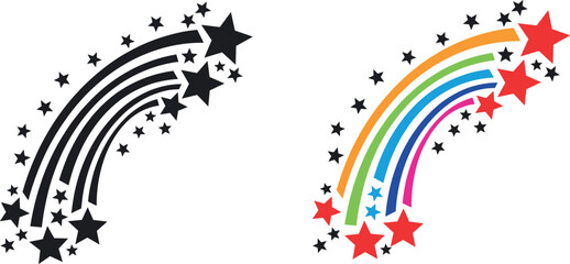 Stylized shooting star trails with scattered stars in monochrome and rainbow vector variants for magic celebration design © PUTUL