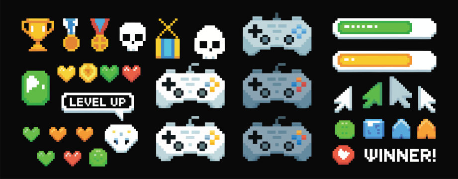 Pixel Art Arcade UI Vector Set, 8 Bit Retro Video Game Buttons, Joystick, Arrows, Life Bar with Hearts, Console Interface Menu Icons, Trophy Cups, Gamepads, and Typing Bubble