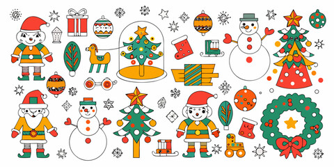 Fototapeta premium Festive christmas illustrations elves snowmen trees and holiday decorations