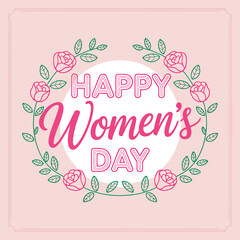 Happy Womens Day greeting card with pink flowers and leaves  celebration design