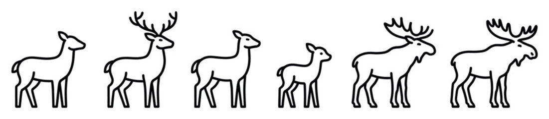Obraz premium Six distinct black outline deer and moose icons are presented in a minimalist, clean, and modern graphic style, showcasing various ages and genders of these majestic forest animals