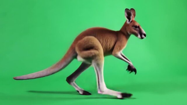 Cuddly kangaroo standing on green background looking around curiously