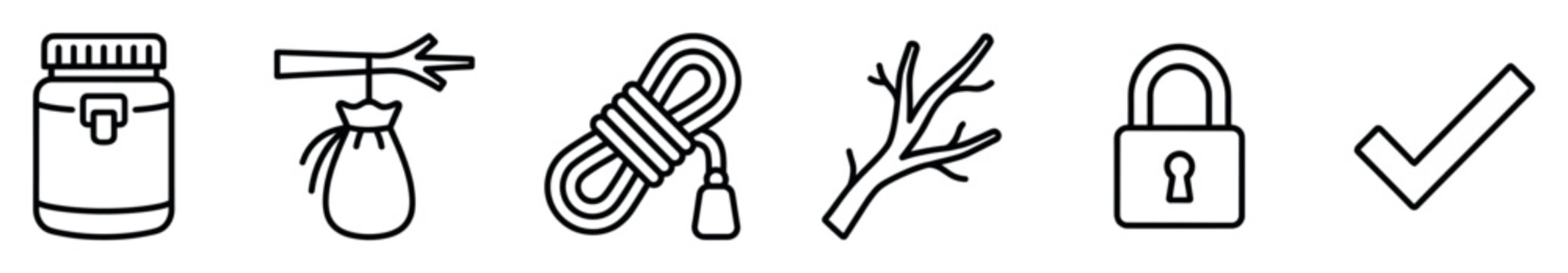Six diverse line art icons representing essential items for adventure, security, and utility are clearly depicted in a minimalist outline style, conveying simplicity and functionality
