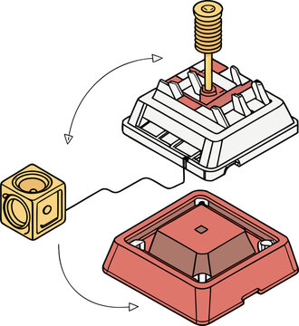 Isometric GPS antenna and receiver module vector illustration. Exploded view of a square white and red antenna base with a gold spring and a separate gold receiver box.