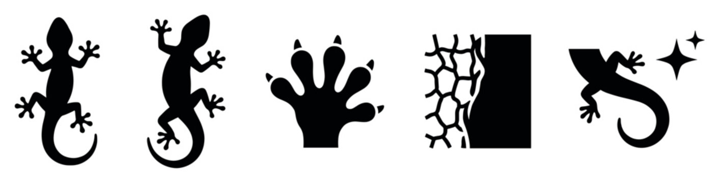 Black gecko lizard silhouette icons illustrate various poses, a detailed paw, skin texture, and a clean reptile symbol in a graphic style