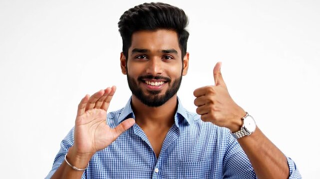 Smiling man with dark hair and beard giving thumbs up isolated on white background