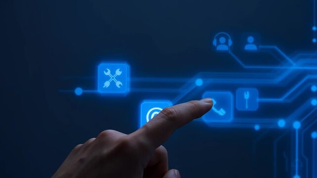 A finger pressing a glowing blue button with a wrench and screwdriver icon on a dark background with various digital interface elements