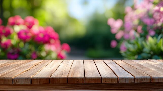 Empty wooden table surface in garden with blurred blooming flowers background for product display advertising packaging design or natural seasonal banner