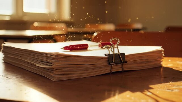 Stack of documents with binder clips on a wooden table.