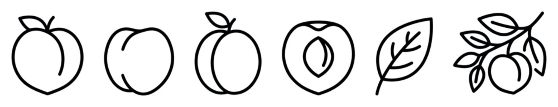 Black outline peach fruit icons set depicting whole, halved, and branched peaches with leaves, presented in a clean, minimalist line art style