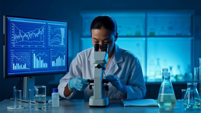 Scientist in lab analyzing data on computer screen with microscope