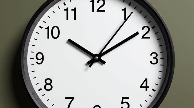 A close-up shot of a simple analog clock face with black hands