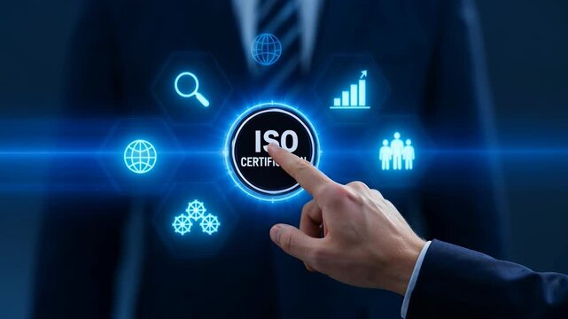 Businessman interacting with iso certification button on a futuristic interface