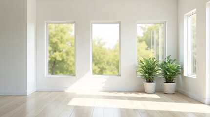 Fototapeta premium A bright, minimalist empty room with white walls and light wood floors is bathed in natural sunlight streaming through multiple windows. 