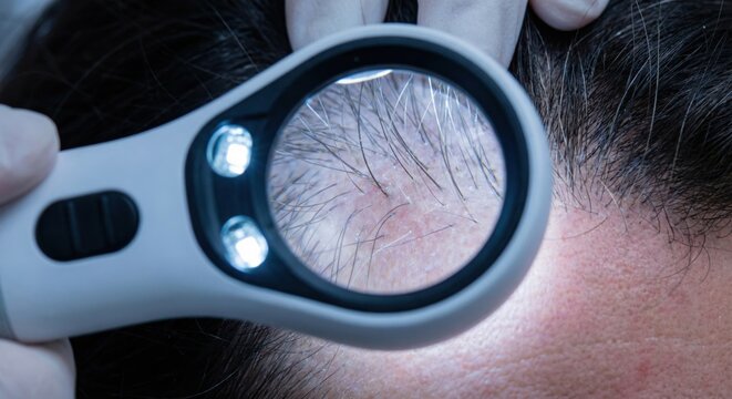 Dermatologist examining patient scalp with trichoscope lens